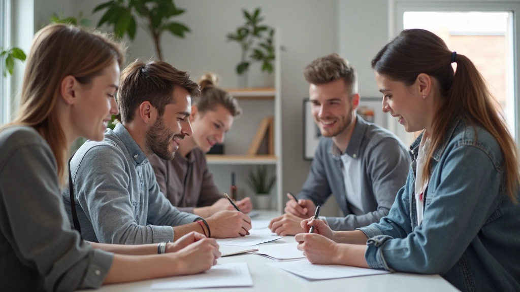 Moderne klaslokaal met studenten die samenwerken aan Nederlands leerproject