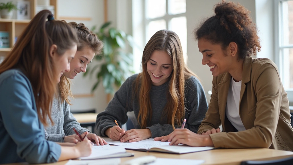 Moderne klaslokaal met studenten die samenwerken aan Nederlands leerproject