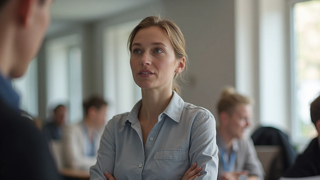 Vrouw luistert aandachtig naar Nederlandse spreker in een modern klaslokaal met natuurlijk licht