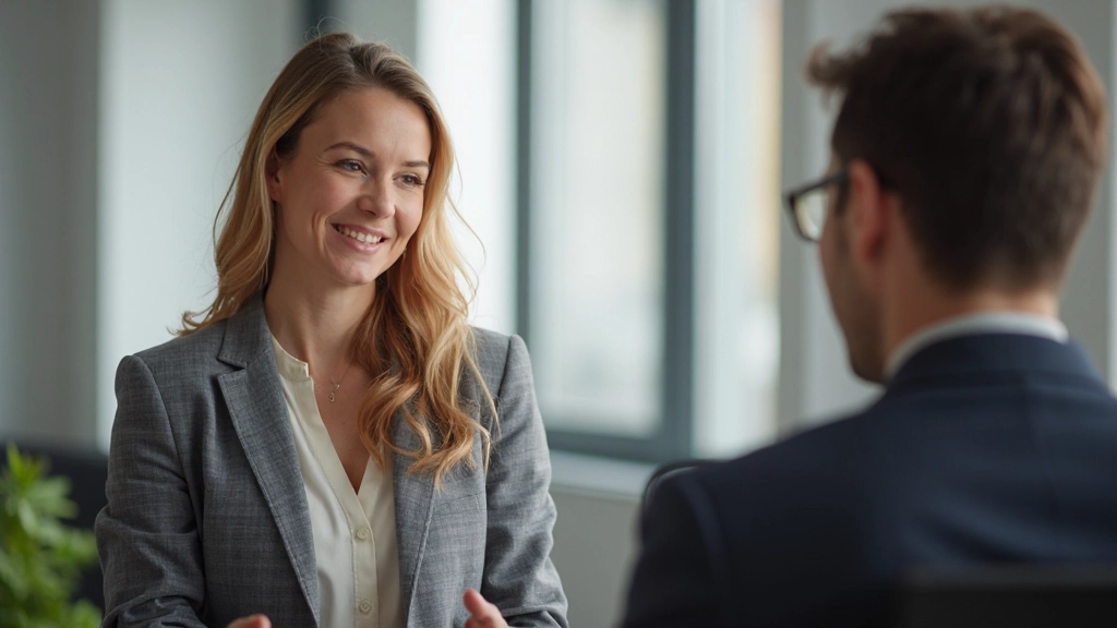 Vrouw voert enthousiast gesprek in moderne kantooromgeving met natuurlijk licht