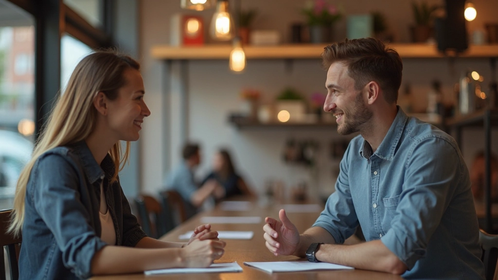 Geavanceerde leerling die Nederlands conversatie voert met native speaker in casual coffeeshop-omgeving