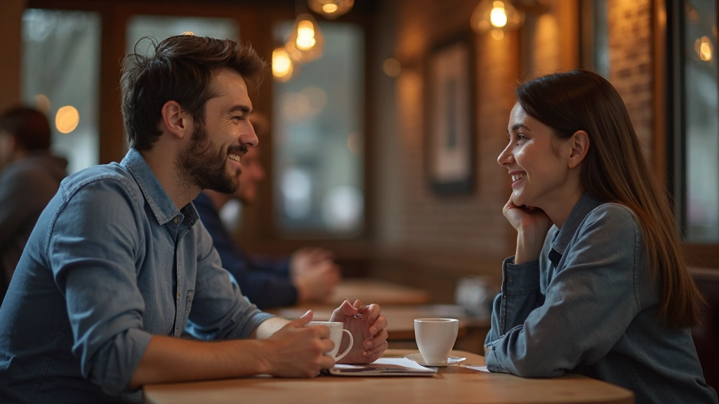Man en vrouw oefenen Nederlands gesprek in gezellige koffiewinkel