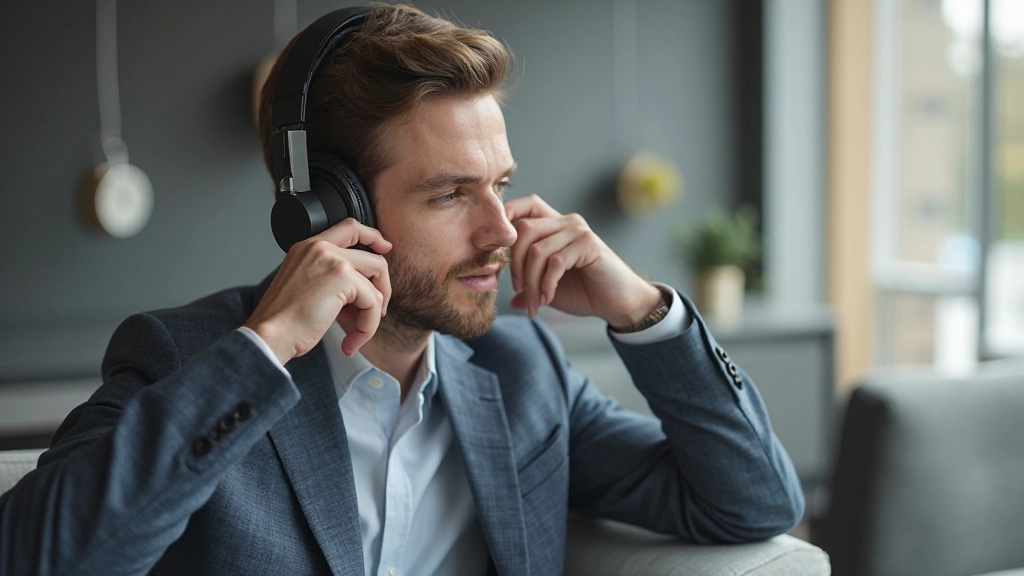 Man concentreert zich op koptelefoon terwijl hij naar Nederlands podcasts luistert in een modern kantoor