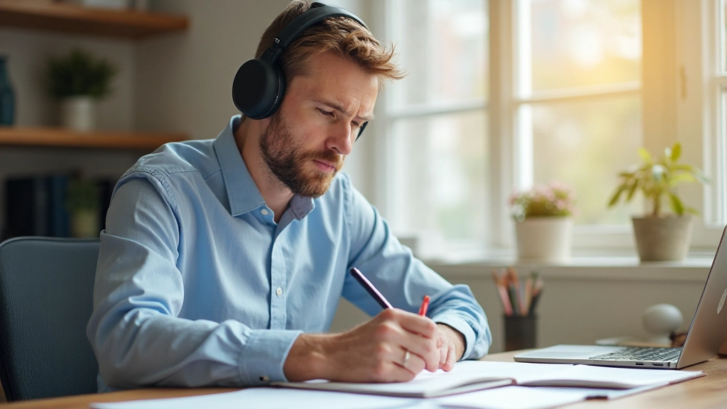 Man studeert Nederlands met aantekenboek, koptelefoon en laptop aan bureau in zonnige werkruimte
