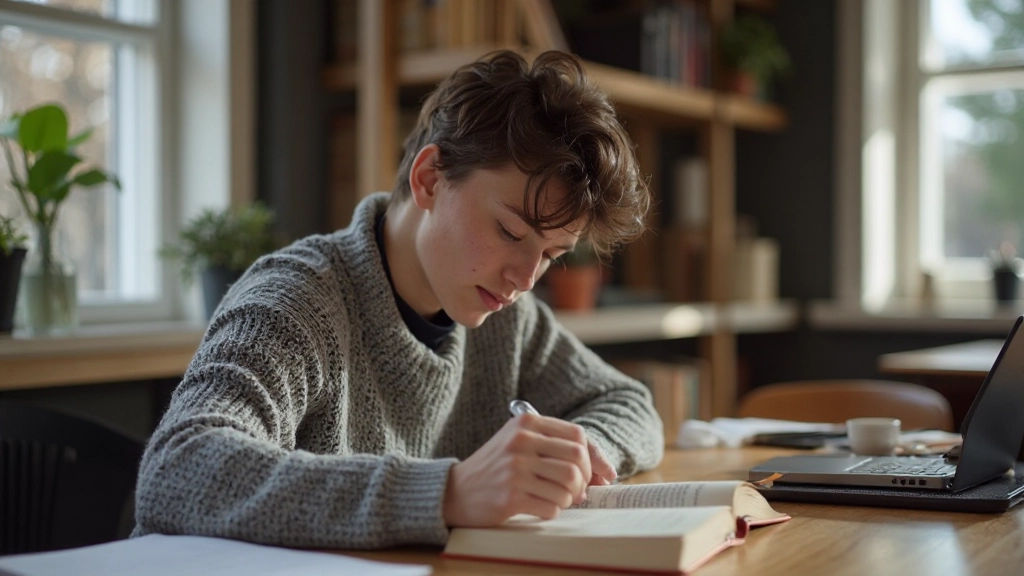 Student die Nederlands leest aan tafel met boeken, woordenboek en aantekeninger