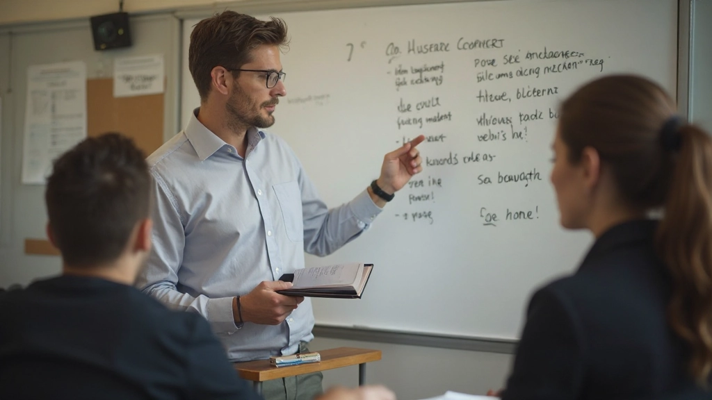 Taalleraar geeft uitleg over Nederlandse grammatica aan student in klassieke onderwijsomgeving