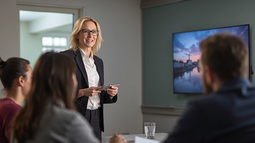 Taalleraar geeft interactieve les Nederlands aan groep gemotiveerde studenten in moderne onderwijsomgeving