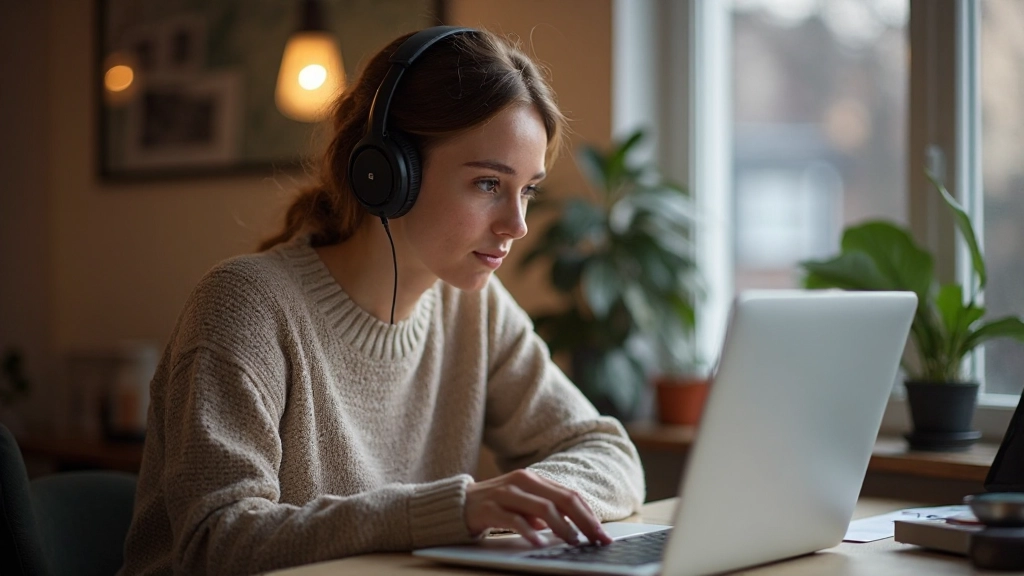 Vrouw volgt online Nederlandse les via laptop met koptelefoon in gezellige thuisomgeving