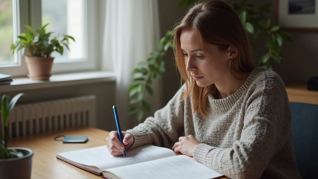 Persoon die Nederlands tekst bestudeert aan een bureau met aantekeningen en woordenboek